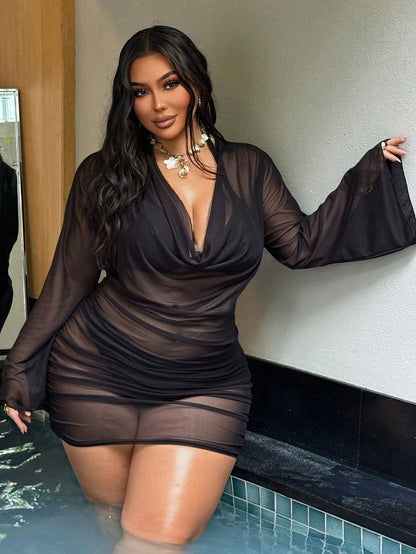 Swim SXY 2026 New Summer Beach Vacation Sexy Women's Brown Draped Neckline Flared Sleeve Tie-Up Ruffle Wrap Dress, Elegant Sexy Casual, Suitable For Spring/Summer Holiday Beach Party Plus Size Cover-U