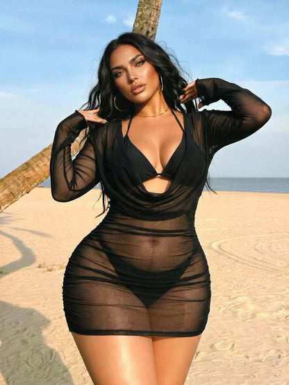 Swim SXY 2026 New Summer Beach Vacation Sexy Women's Brown Draped Neckline Flared Sleeve Tie-Up Ruffle Wrap Dress, Elegant Sexy Casual, Suitable For Spring/Summer Holiday Beach Party Plus Size Cover-U