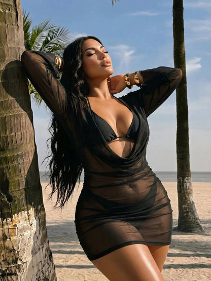 Swim SXY 2026 New Summer Beach Vacation Sexy Women's Brown Draped Neckline Flared Sleeve Tie-Up Ruffle Wrap Dress, Elegant Sexy Casual, Suitable For Spring/Summer Holiday Beach Party Plus Size Cover-U