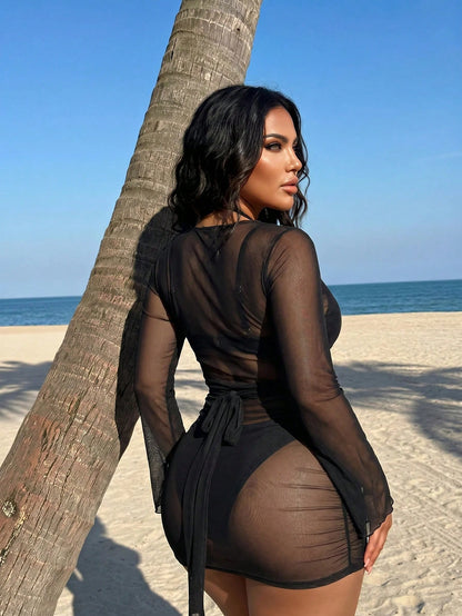 Swim SXY 2026 New Summer Beach Vacation Sexy Women's Brown Draped Neckline Flared Sleeve Tie-Up Ruffle Wrap Dress, Elegant Sexy Casual, Suitable For Spring/Summer Holiday Beach Party Plus Size Cover-U