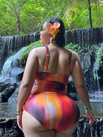 Swim SXY 2026 New Women's Plus Size Orange Leopard Print Camisole Bikini Top,Vibrant Holiday Colorful Bohemian Curve Swimsuit Set,Summer Beach Vacation