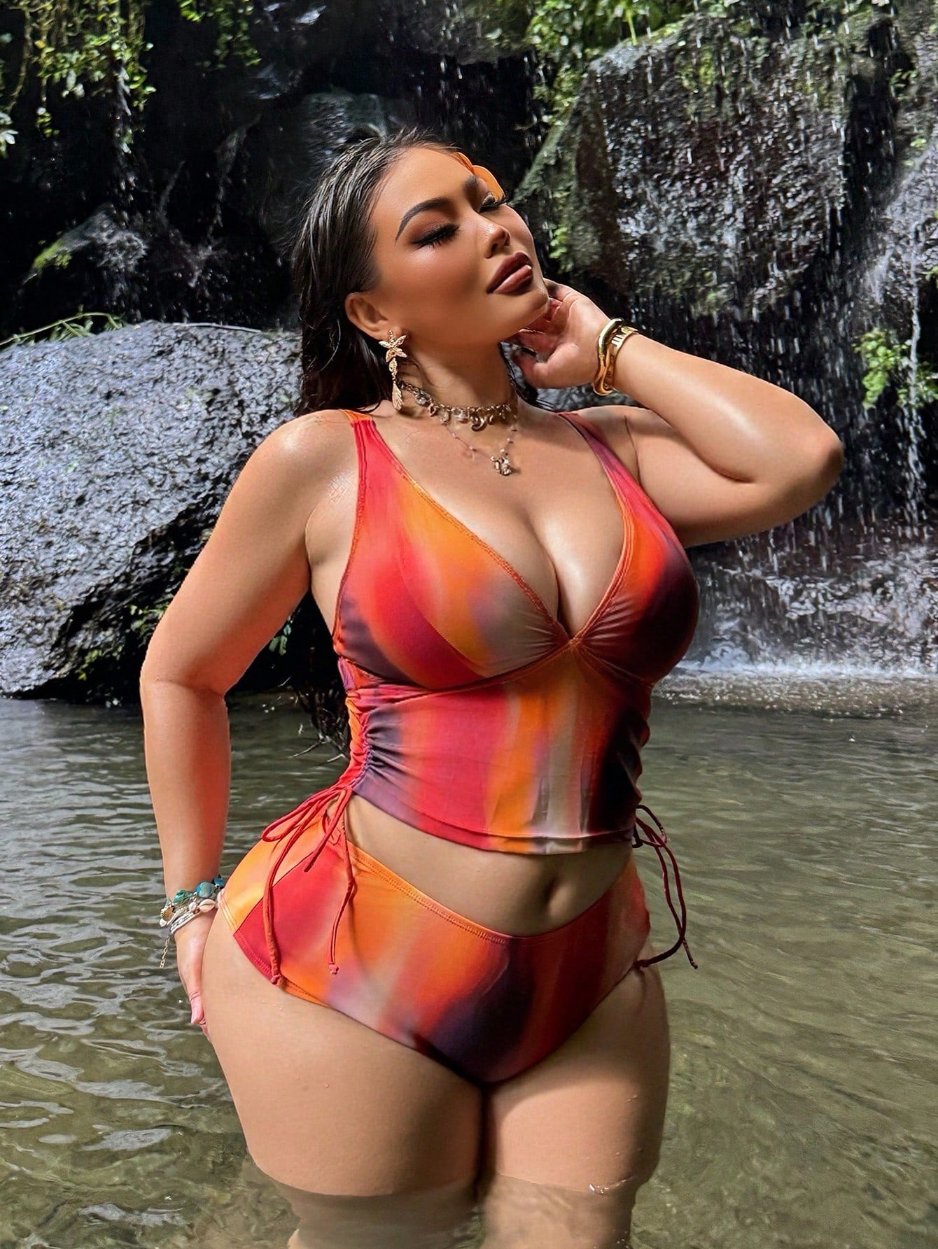 Swim SXY 2026 New Women's Plus Size Orange Leopard Print Camisole Bikini Top,Vibrant Holiday Colorful Bohemian Curve Swimsuit Set,Summer Beach Vacation