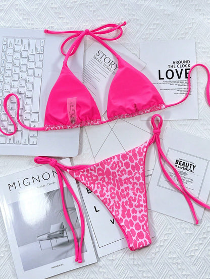 Swim SXY 2pcs/Set Printed Bikini Swimsuit (Random Print), Micro Triangle