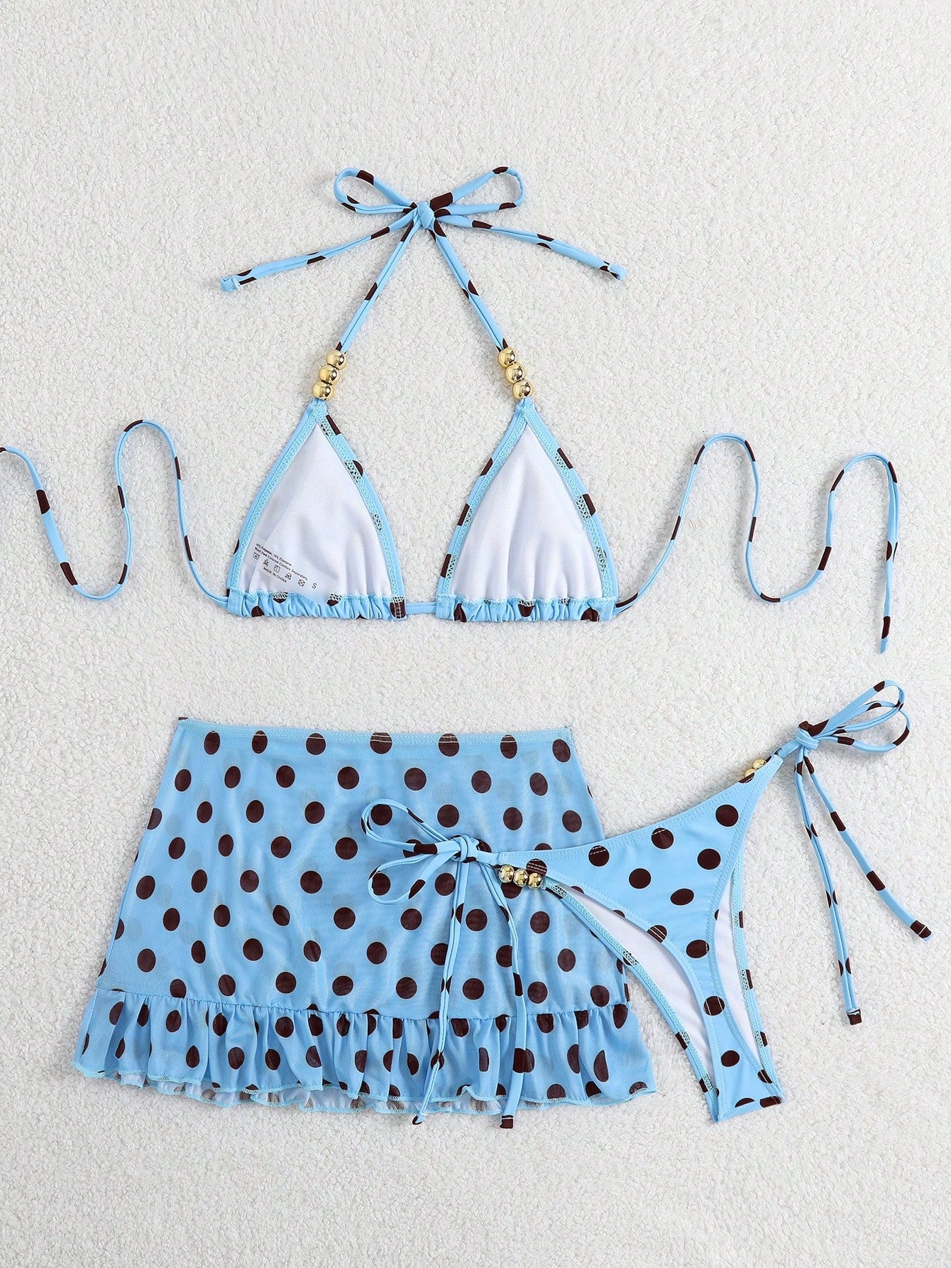 Swim SXY 3pcs Polka Dot Print Halter Neck Beaded Top And Lace-Up Triangle Bikini Bottom Set