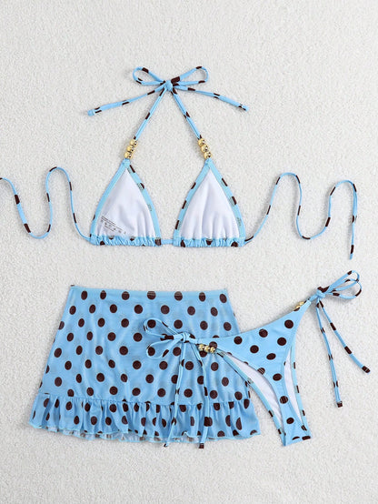 Swim SXY 3pcs Polka Dot Print Halter Neck Beaded Top And Lace-Up Triangle Bikini Bottom Set