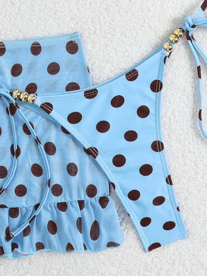 Swim SXY 3pcs Polka Dot Print Halter Neck Beaded Top And Lace-Up Triangle Bikini Bottom Set