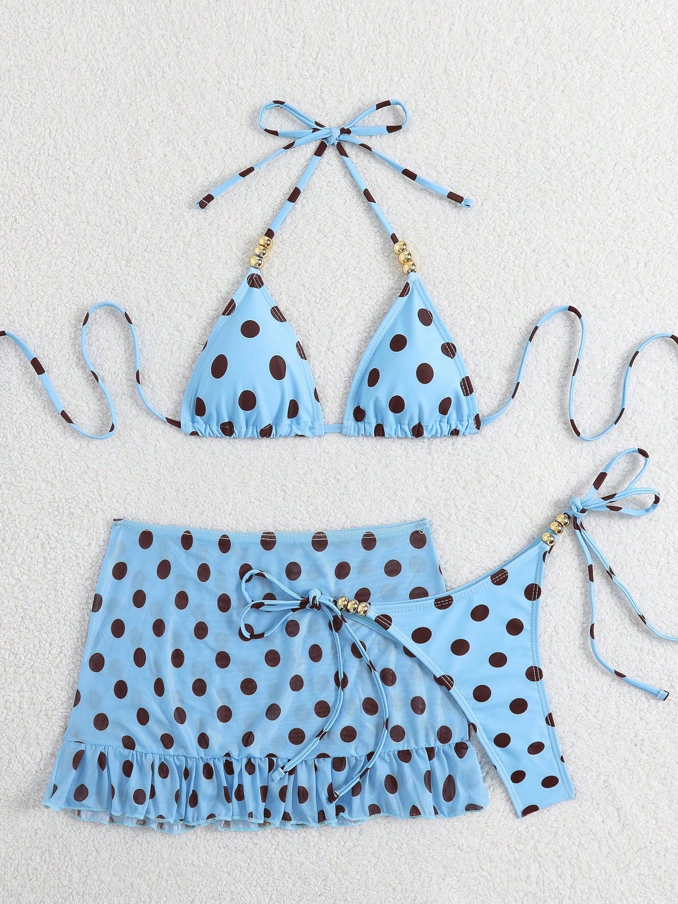 Swim SXY 3pcs Polka Dot Print Halter Neck Beaded Top And Lace-Up Triangle Bikini Bottom Set