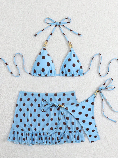 Swim SXY 3pcs Polka Dot Print Halter Neck Beaded Top And Lace-Up Triangle Bikini Bottom Set