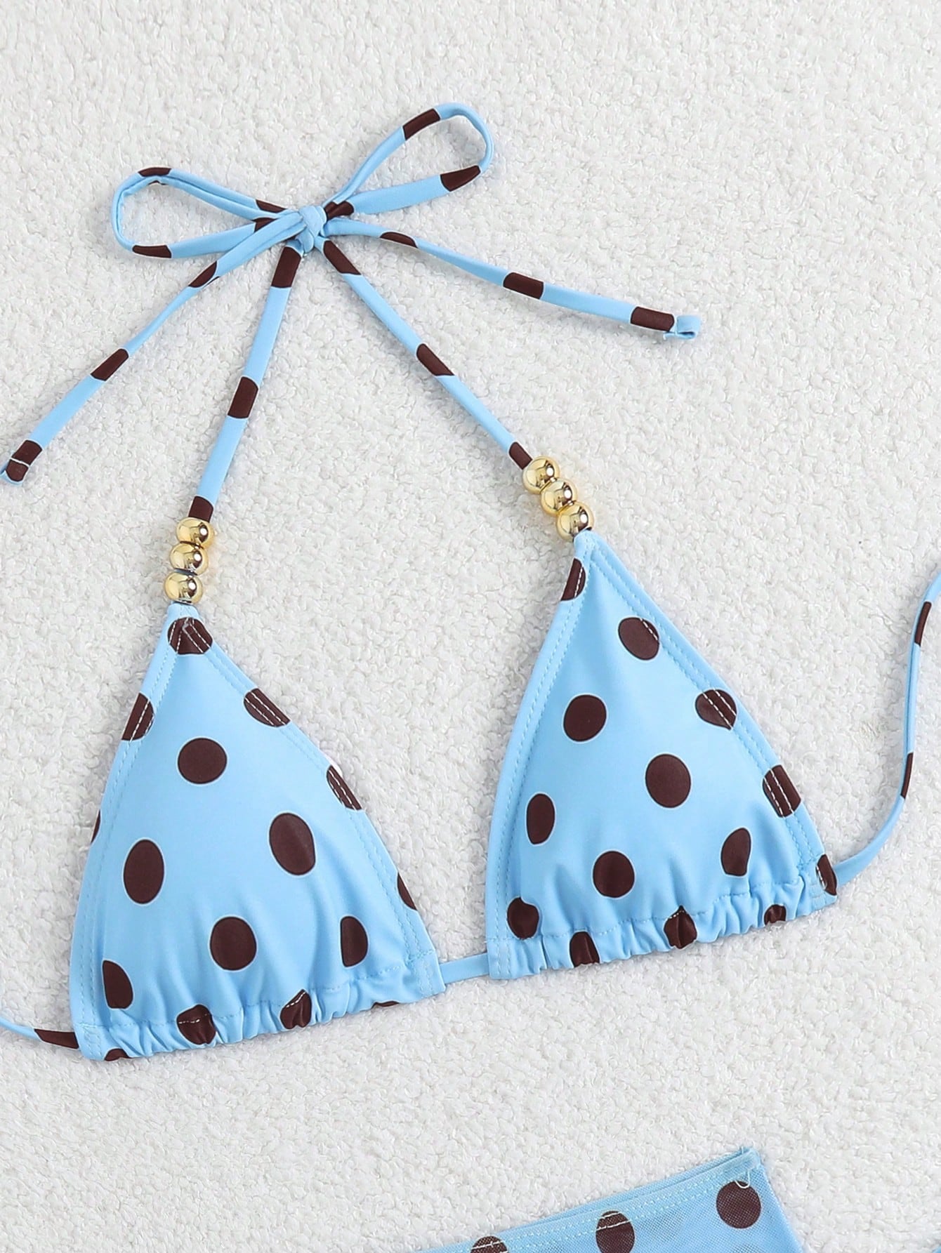 Swim SXY 3pcs Polka Dot Print Halter Neck Beaded Top And Lace-Up Triangle Bikini Bottom Set