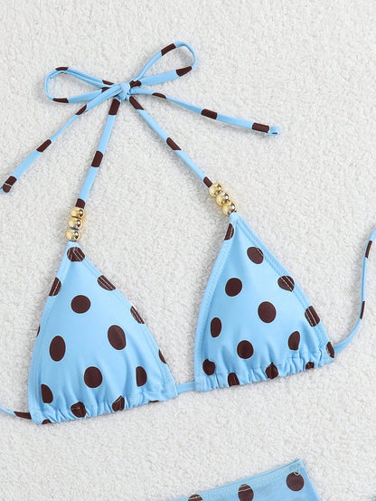 Swim SXY 3pcs Polka Dot Print Halter Neck Beaded Top And Lace-Up Triangle Bikini Bottom Set