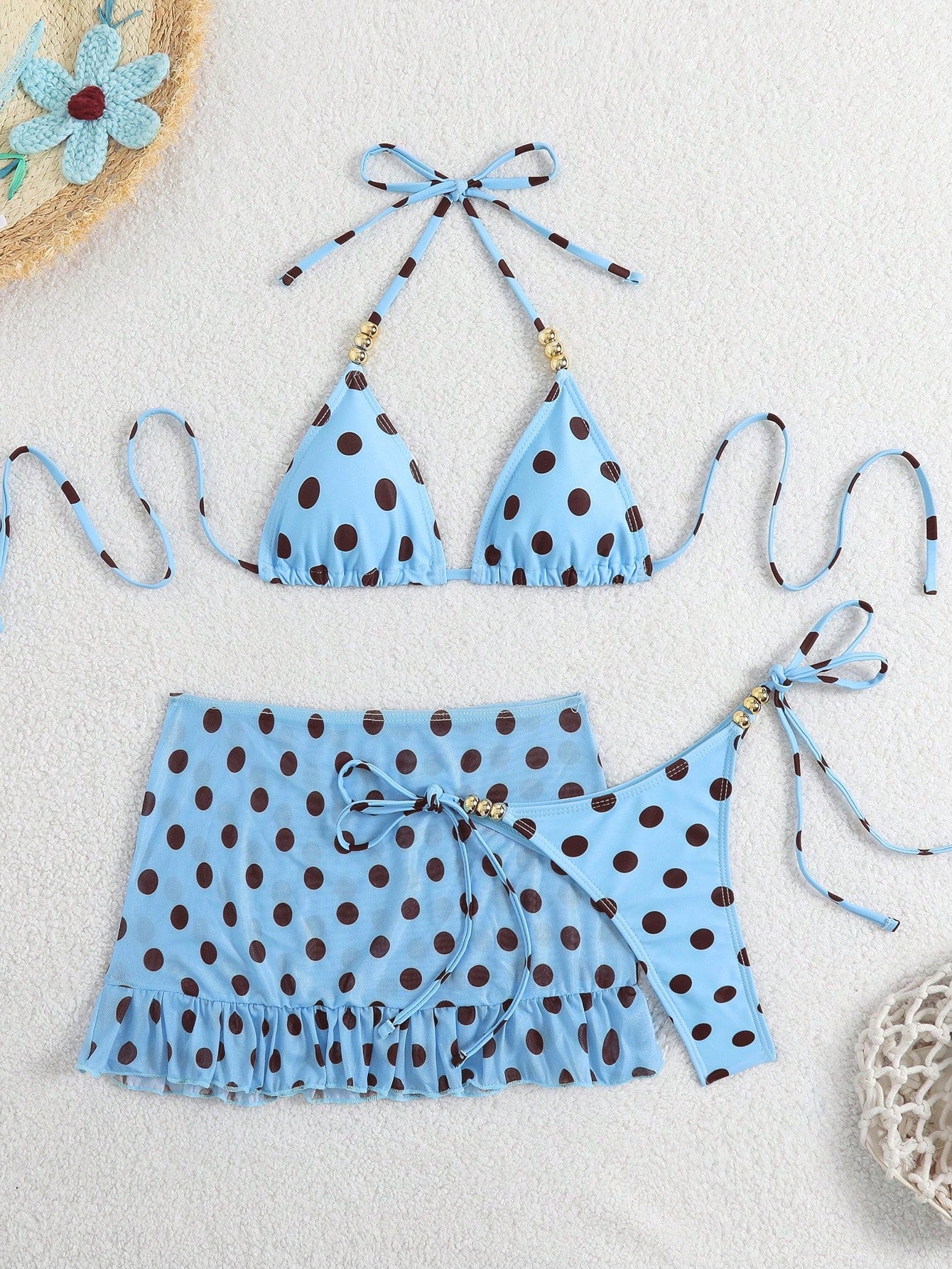 Swim SXY 3pcs Polka Dot Print Halter Neck Beaded Top And Lace-Up Triangle Bikini Bottom Set