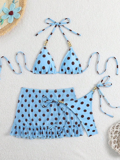 Swim SXY 3pcs Polka Dot Print Halter Neck Beaded Top And Lace-Up Triangle Bikini Bottom Set