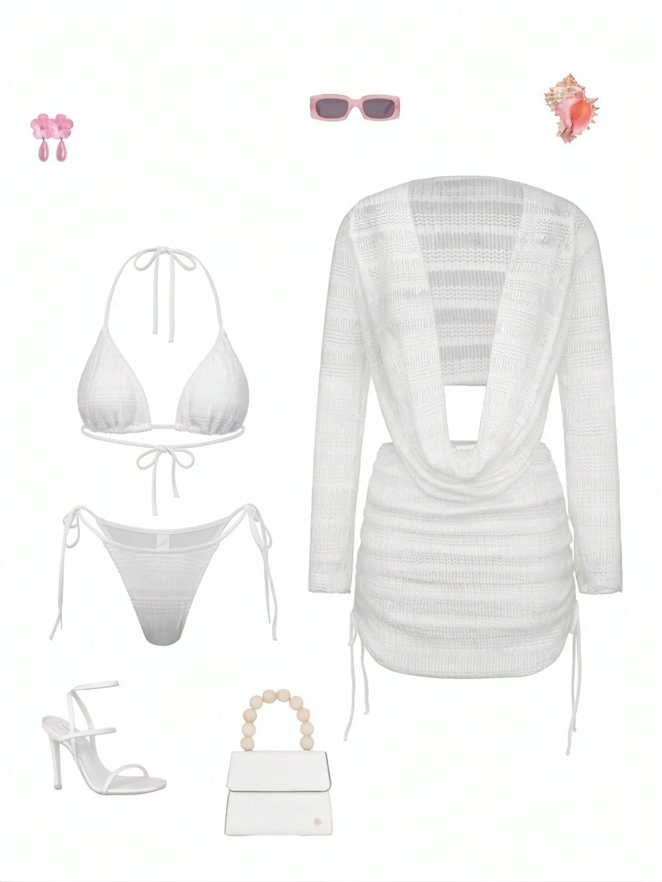 Swim SXY 4pcs Women's New Spaghetti Strap Backless Top, Shirt With Side Tie, Tie Side Swim Shorts, Sexy Bikini Set Set