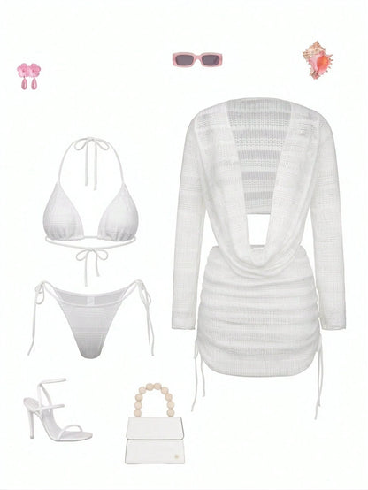 Swim SXY 4pcs Women's New Spaghetti Strap Backless Top, Shirt With Side Tie, Tie Side Swim Shorts, Sexy Bikini Set Set