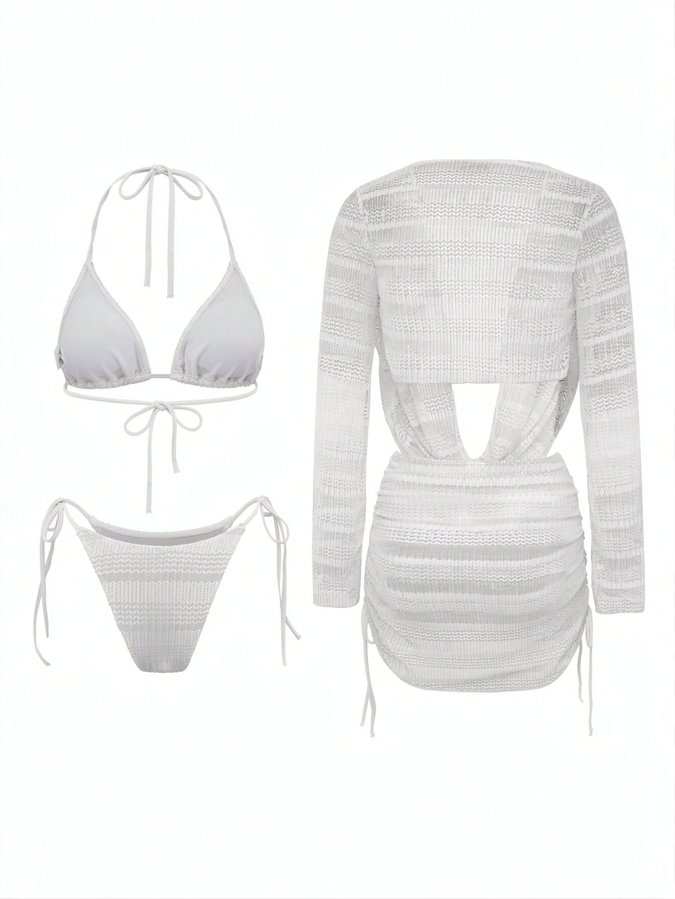 Swim SXY 4pcs Women's New Spaghetti Strap Backless Top, Shirt With Side Tie, Tie Side Swim Shorts, Sexy Bikini Set Set