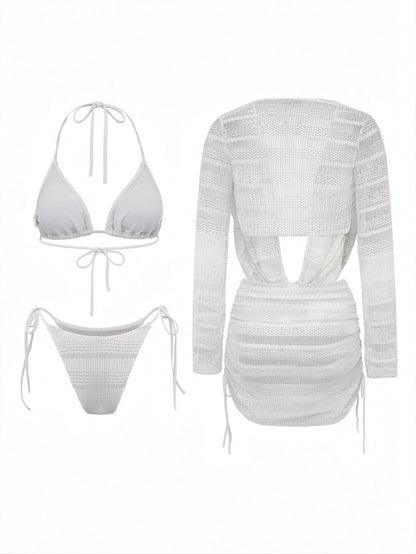Swim SXY 4pcs Women's New Spaghetti Strap Backless Top, Shirt With Side Tie, Tie Side Swim Shorts, Sexy Bikini Set Set