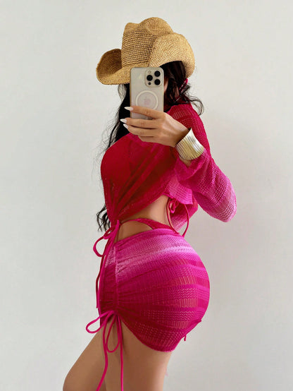 Swim SXY 4pcs Women's New Spaghetti Strap Backless Top, Shirt With Side Tie, Tie Side Swim Shorts, Sexy Bikini Set Set