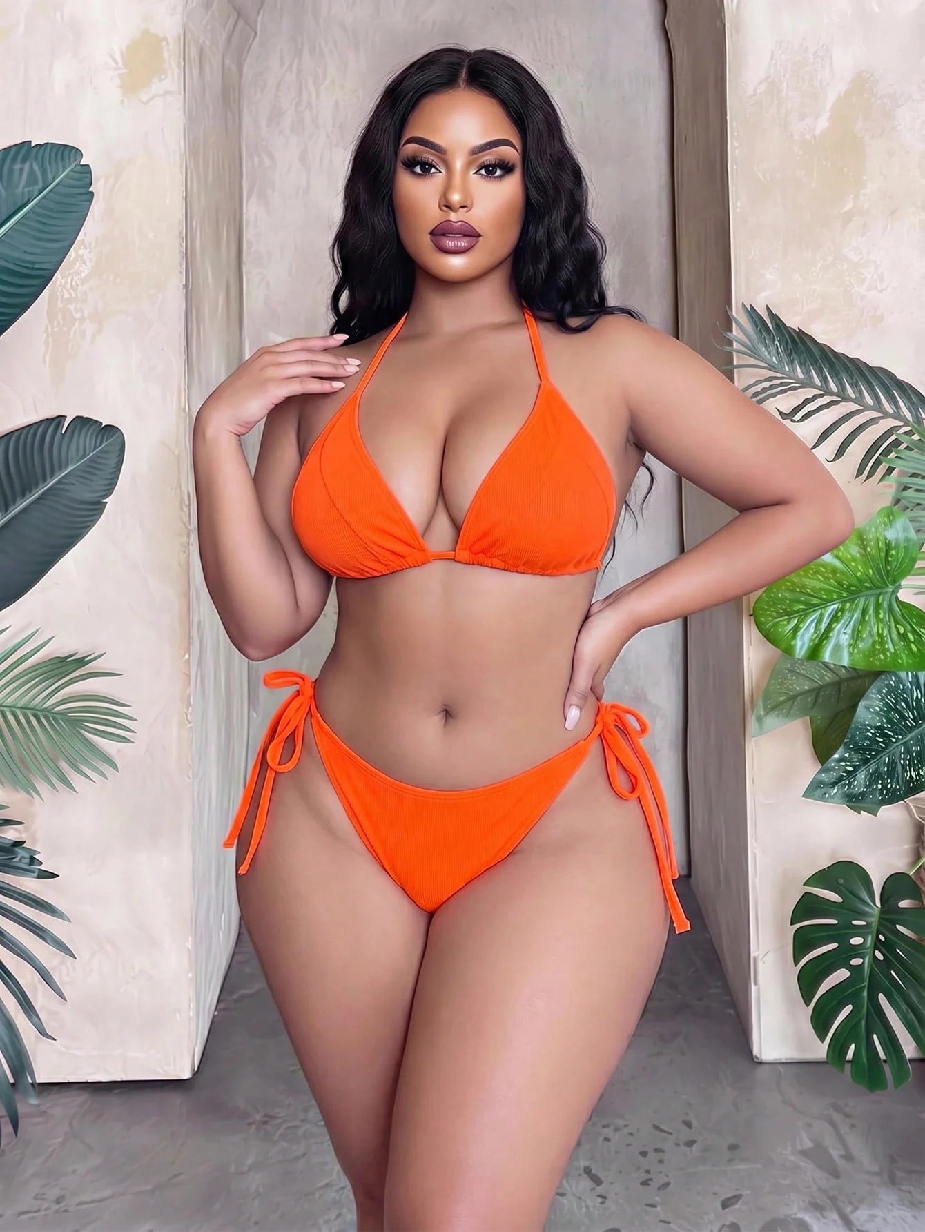 Swim SXY Fine Ribbed Fabric Triangle Cup Tie-Up Casual Sexy Vacation Plus Size Women's Swimsuit Set Beach Wedding Orange Summer