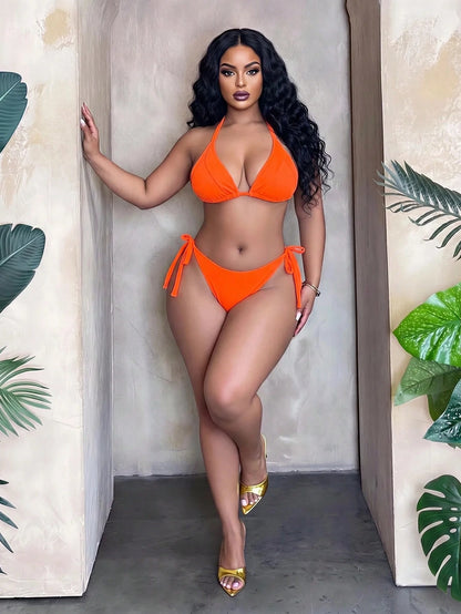 Swim SXY Fine Ribbed Fabric Triangle Cup Tie-Up Casual Sexy Vacation Plus Size Women's Swimsuit Set Beach Wedding Orange Summer