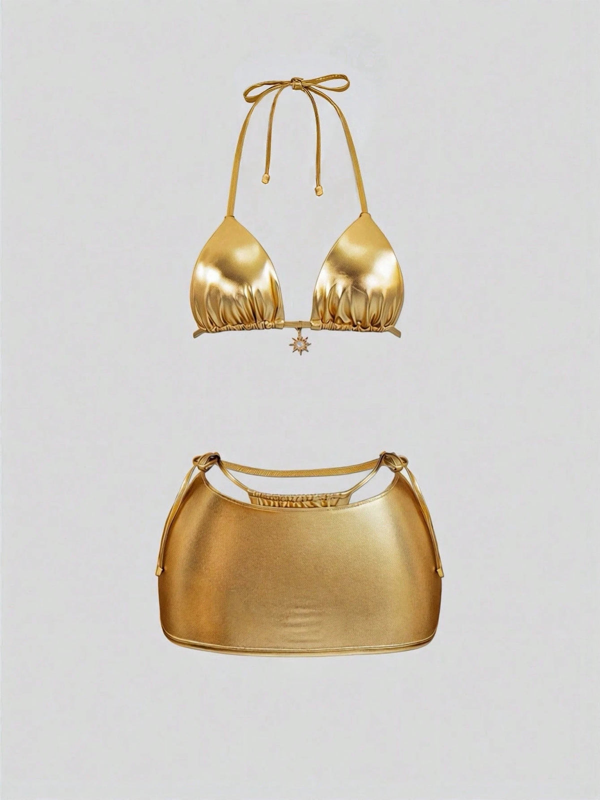 Swim SXY Gold Foil Solid Color Spring/Summer Beach Women's Bikini Swimsuit 3 Pieces Set