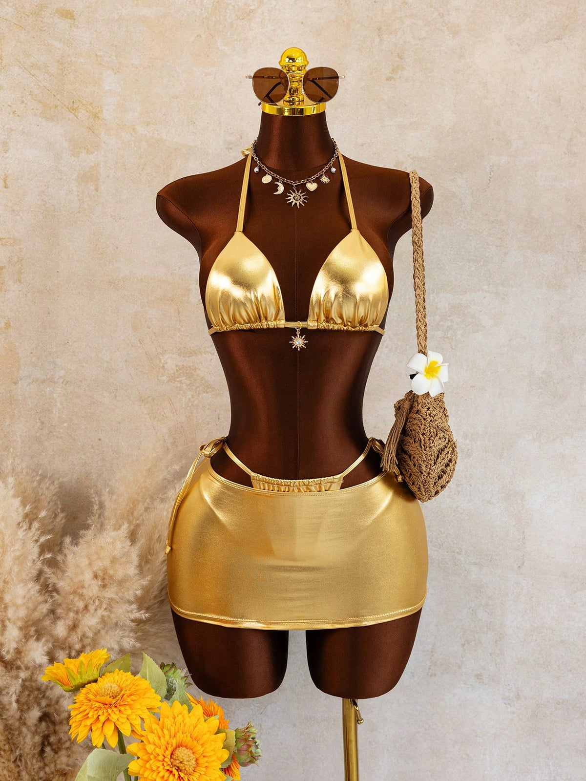 Swim SXY Gold Foil Solid Color Spring/Summer Beach Women's Bikini Swimsuit 3 Pieces Set