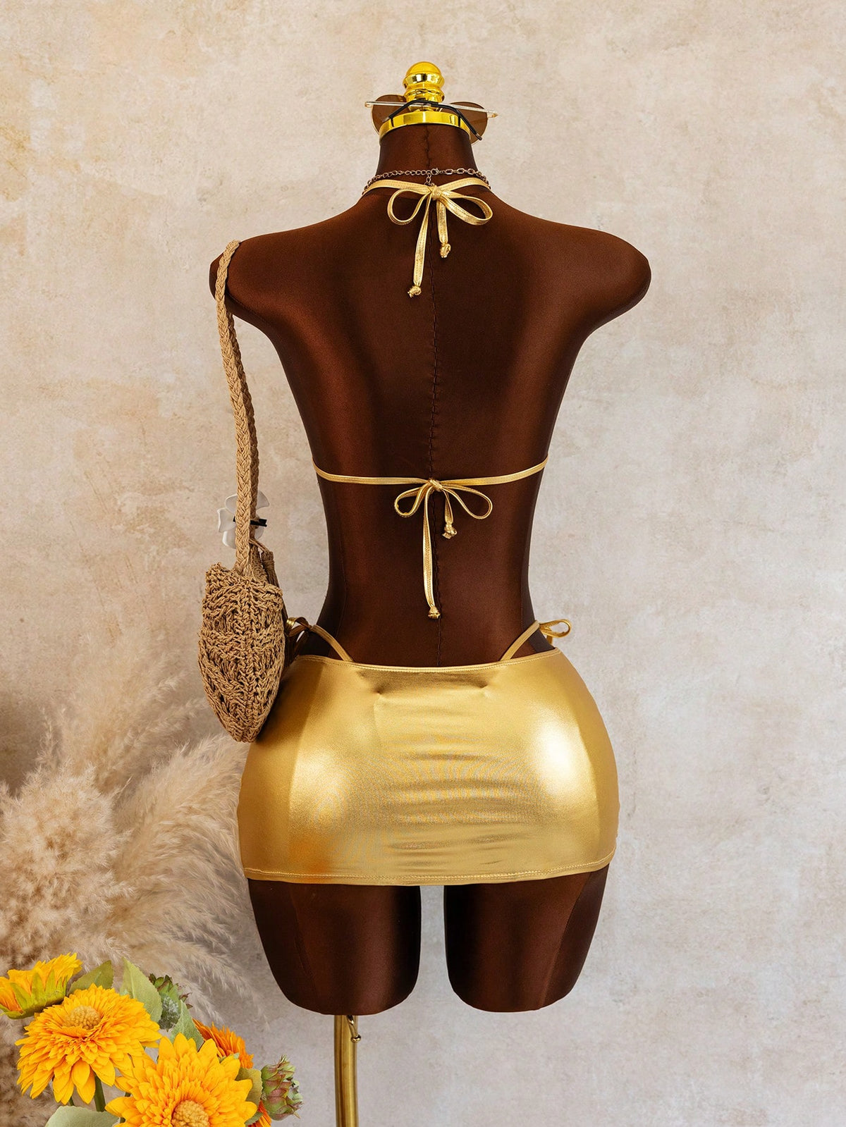 Swim SXY Gold Foil Solid Color Spring/Summer Beach Women's Bikini Swimsuit 3 Pieces Set