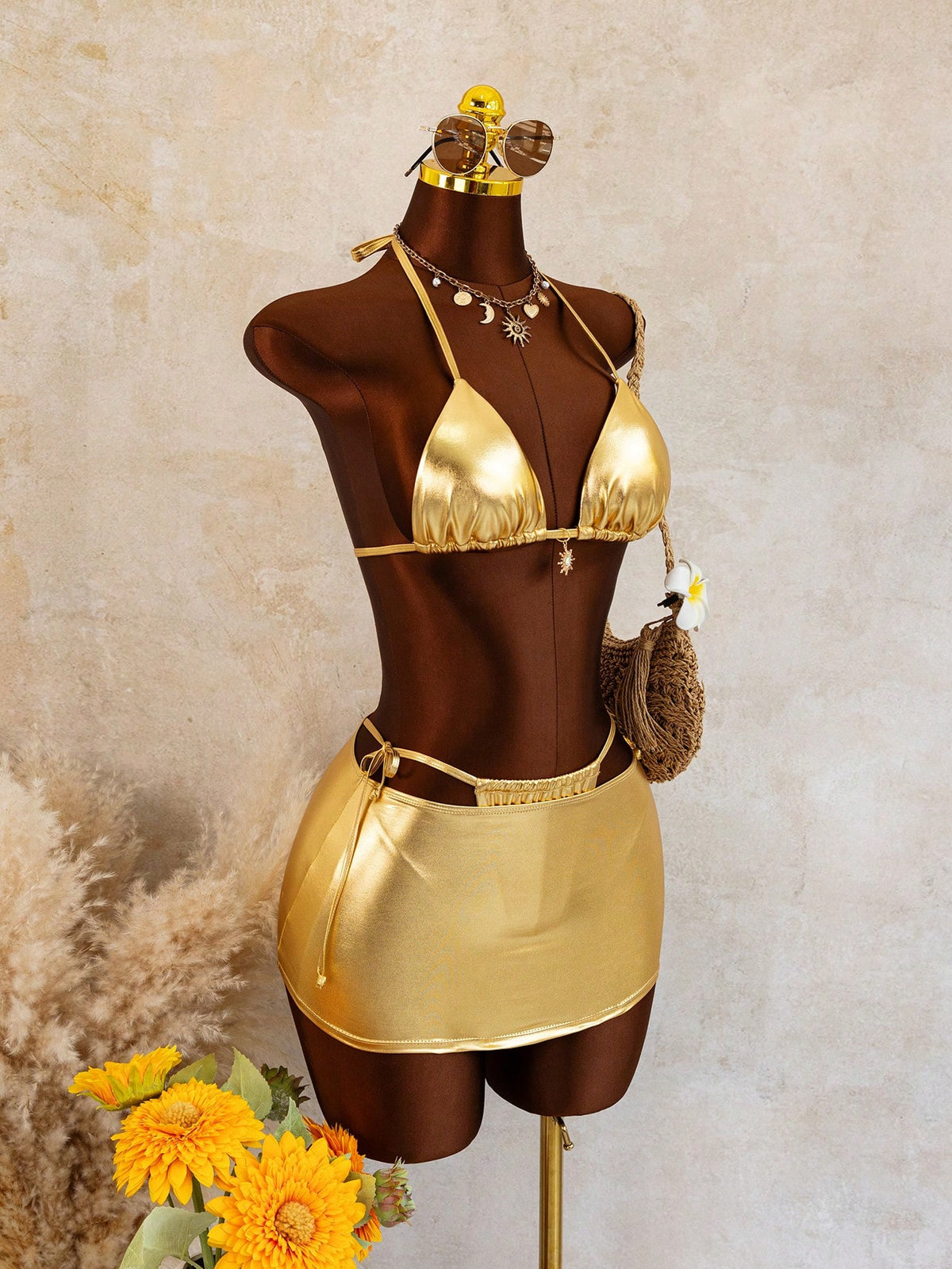 Swim SXY Gold Foil Solid Color Spring/Summer Beach Women's Bikini Swimsuit 3 Pieces Set