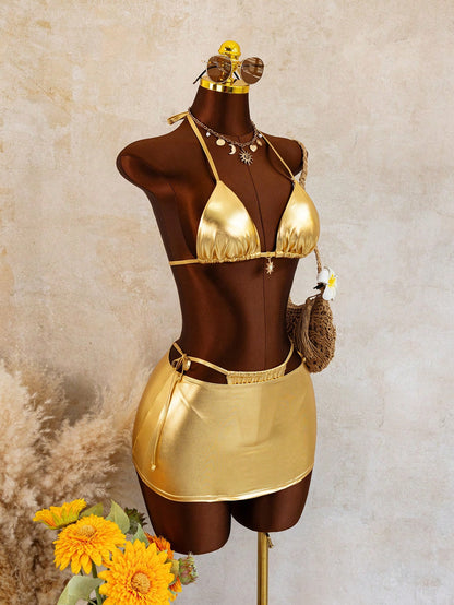 Swim SXY Gold Foil Solid Color Spring/Summer Beach Women's Bikini Swimsuit 3 Pieces Set