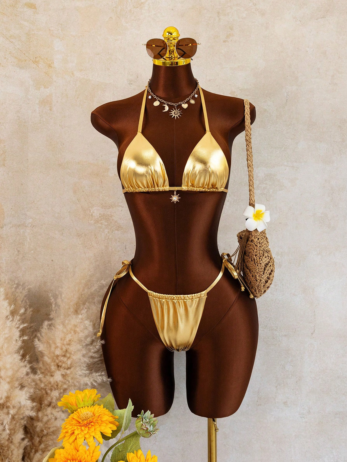 Swim SXY Gold Foil Solid Color Spring/Summer Beach Women's Bikini Swimsuit 3 Pieces Set