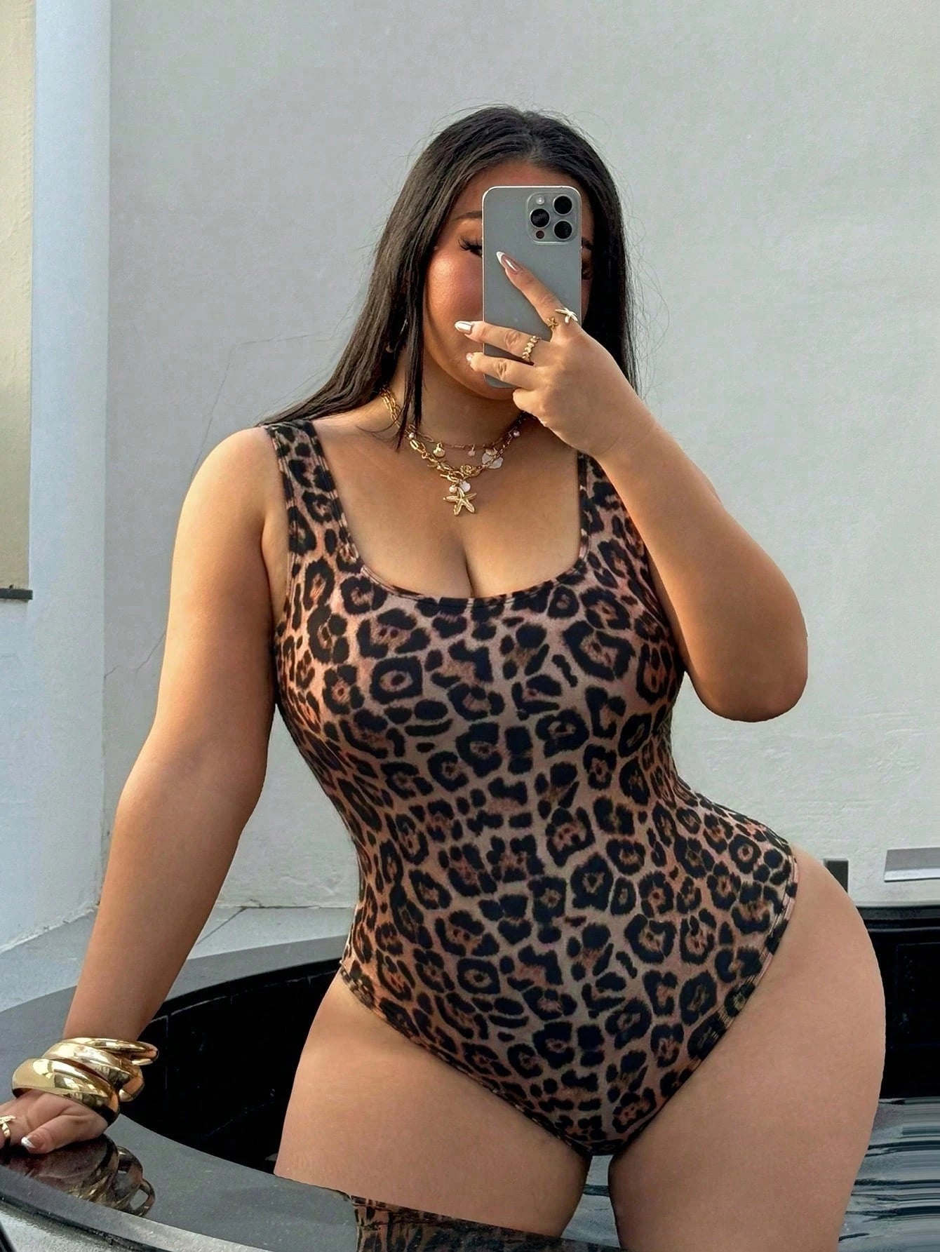 Swim SXY Plus Size One-Piece Swimsuit, Summer Beach Leopard Print Backless One-Piece Swimsuit