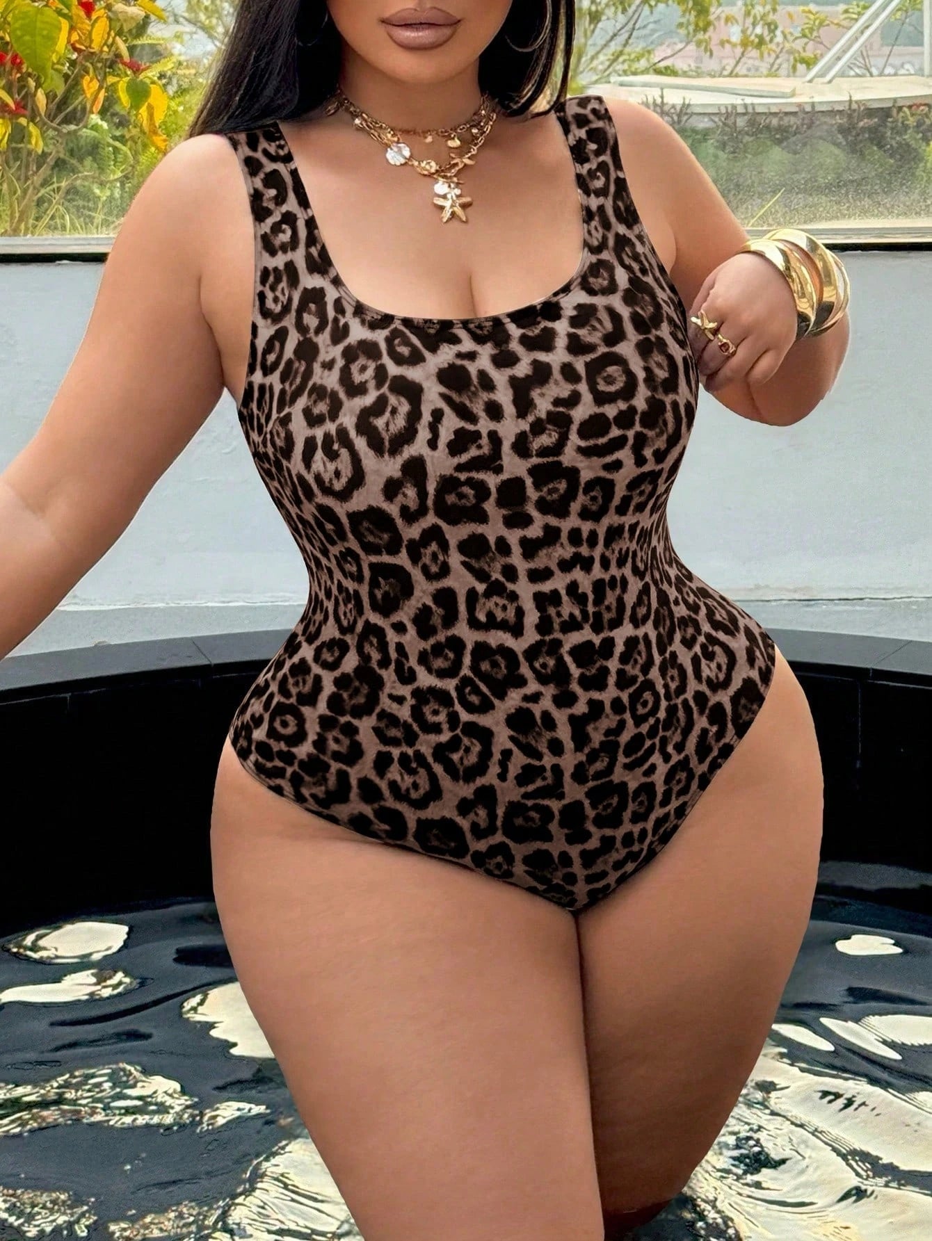 Swim SXY Plus Size One-Piece Swimsuit, Summer Beach Leopard Print Backless One-Piece Swimsuit