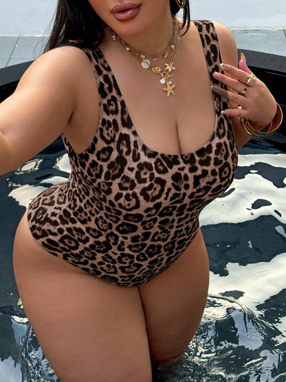 Swim SXY Plus Size One-Piece Swimsuit, Summer Beach Leopard Print Backless One-Piece Swimsuit