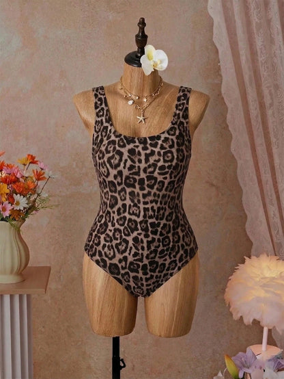 Swim SXY Plus Size One-Piece Swimsuit, Summer Beach Leopard Print Backless One-Piece Swimsuit
