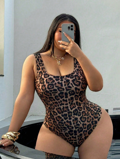 Swim SXY Plus Size One-Piece Swimsuit, Summer Beach Leopard Print Backless One-Piece Swimsuit