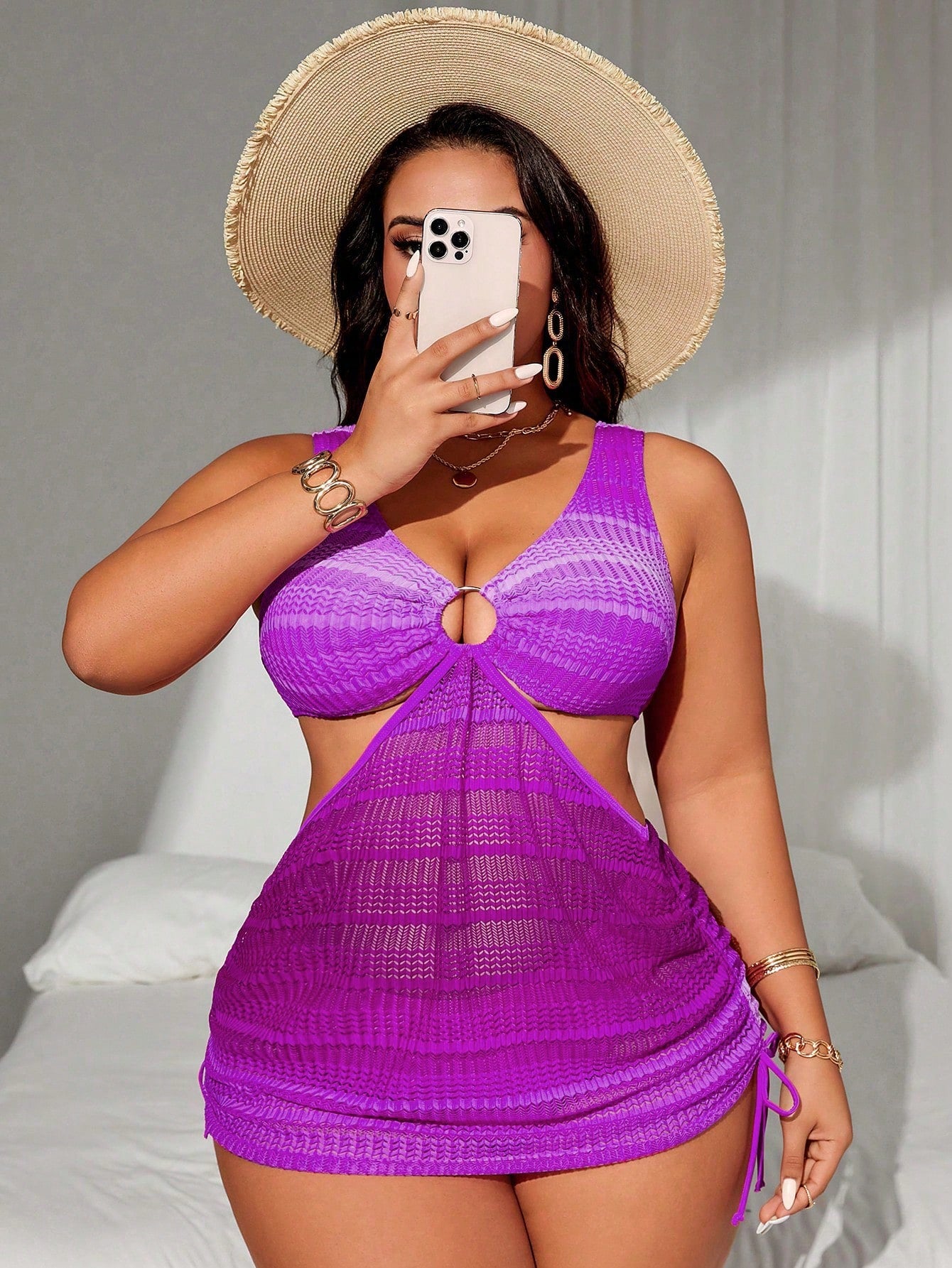Swim SXY Plus Size Women's 2pcs Ombre Halter Waist Hollow Out Drawstring Split Swimsuit Set