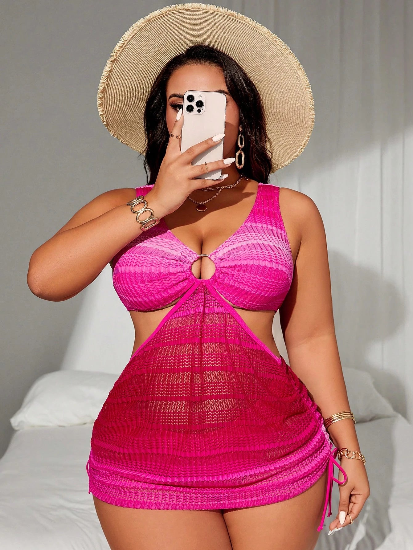 Swim SXY Plus Size Women's 2pcs Ombre Halter Waist Hollow Out Drawstring Split Swimsuit Set