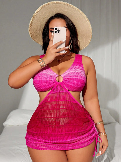 Swim SXY Plus Size Women's 2pcs Ombre Halter Waist Hollow Out Drawstring Split Swimsuit Set