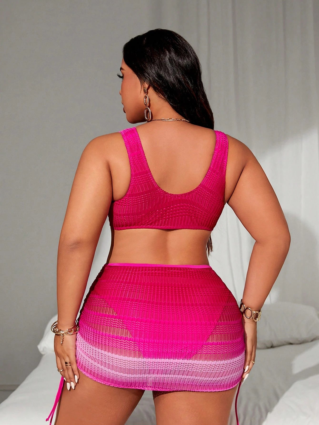 Swim SXY Plus Size Women's 2pcs Ombre Halter Waist Hollow Out Drawstring Split Swimsuit Set