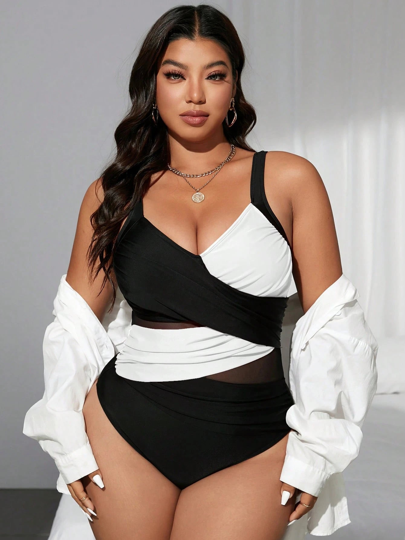 Swim SXY Plus Size Women's Crisscross Ombre Mesh Patchwork One-Piece Swimsuit, Summer Beach Vacation