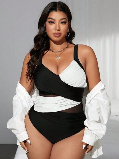 Swim SXY Plus Size Women's Crisscross Ombre Mesh Patchwork One-Piece Swimsuit, Summer Beach Vacation