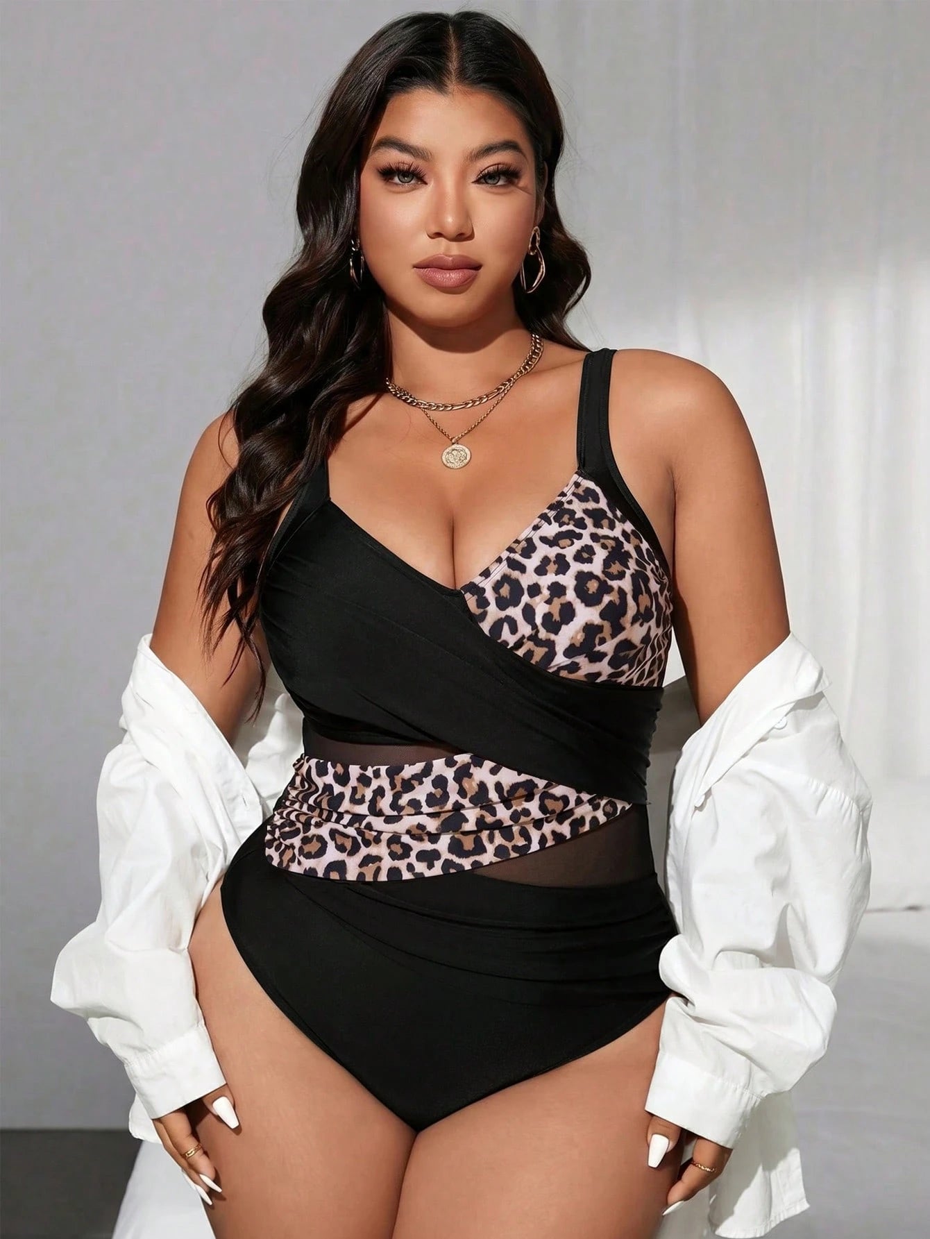 Swim SXY Plus Size Women's Cross White Mesh Patchwork One-Piece Swimsuit, Summer Beach Vacation Sexy