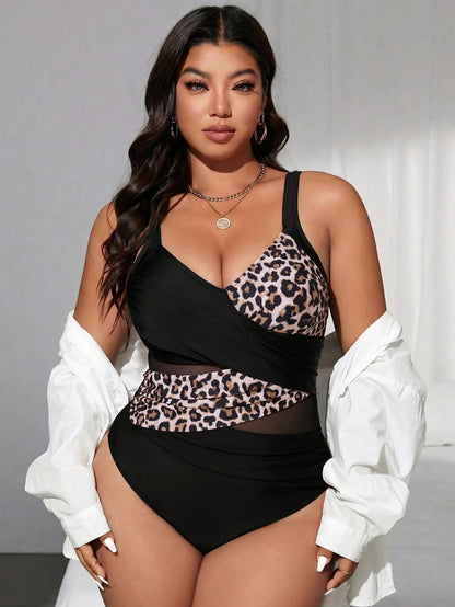 Swim SXY Plus Size Women's Cross White Mesh Patchwork One-Piece Swimsuit, Summer Beach Vacation Sexy