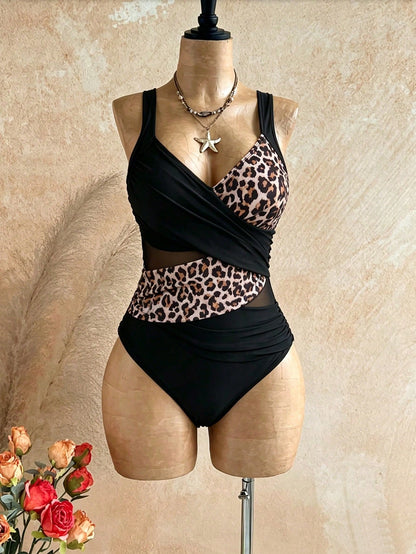 Swim SXY Plus Size Women's Cross White Mesh Patchwork One-Piece Swimsuit, Summer Beach Vacation Sexy
