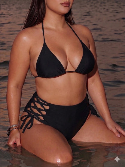 Swim SXY Plus Size Women's Solid Color High Waist Tie-Up Bikini Bottom