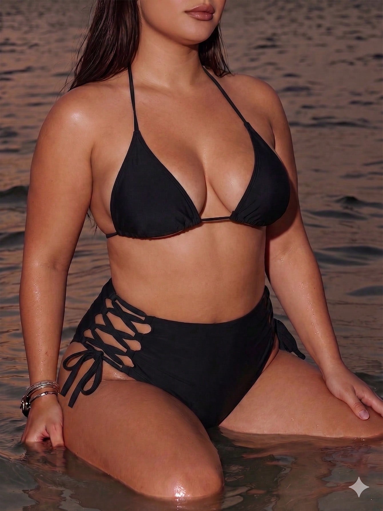 Swim SXY Plus Size Women's Solid Color High Waist Tie-Up Bikini Bottom
