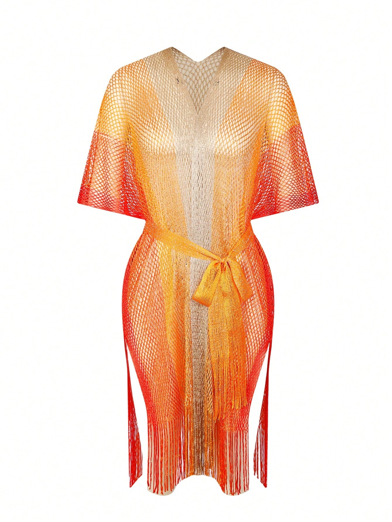 Swim SXY Women's Colorful Ombre High Slit Long Fringe Netted Tie-Up Sexy Kimono Cover-Up Swimsuit, Suitable For Spring, Summer, Autumn Beach Vacation