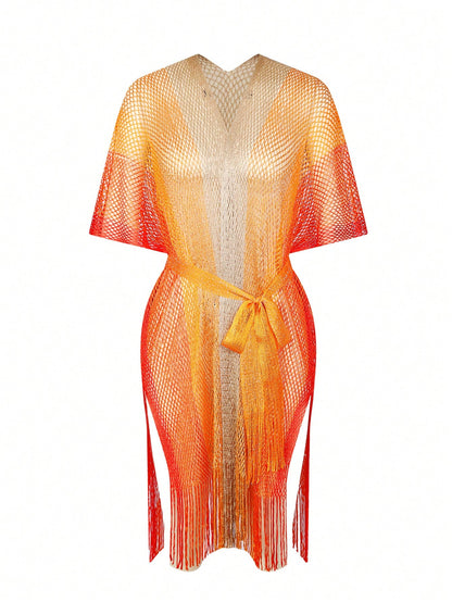 Swim SXY Women's Colorful Ombre High Slit Long Fringe Netted Tie-Up Sexy Kimono Cover-Up Swimsuit, Suitable For Spring, Summer, Autumn Beach Vacation