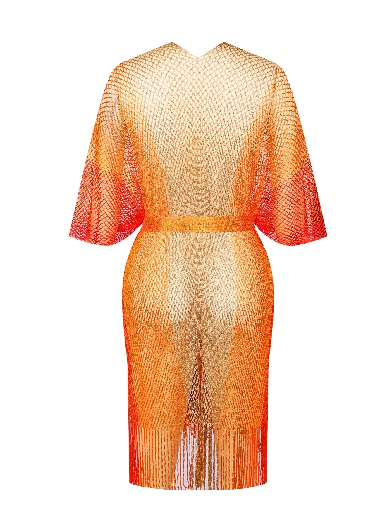Swim SXY Women's Colorful Ombre High Slit Long Fringe Netted Tie-Up Sexy Kimono Cover-Up Swimsuit, Suitable For Spring, Summer, Autumn Beach Vacation