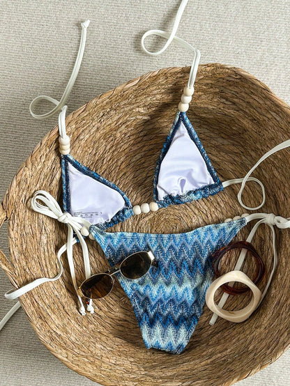 Swim SXY Women's Summer Beach Vacation Beaded Decor Jacquard Fabric Halter Tie Back Sexy Bikini Set
