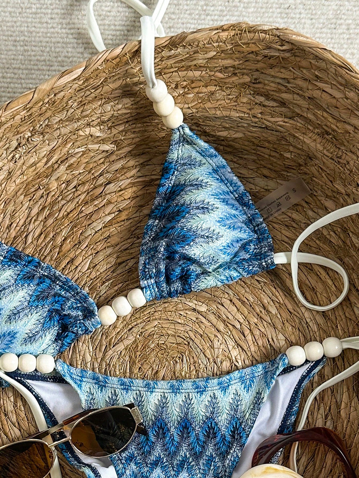 Swim SXY Women's Summer Beach Vacation Beaded Decor Jacquard Fabric Halter Tie Back Sexy Bikini Set